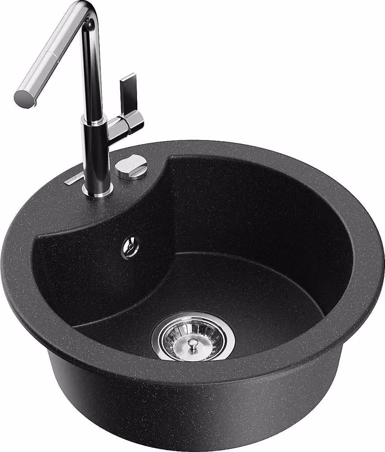 Mexen Diego lavello in granito 1-vasca con rubinetto da cucina Flora, nero/argento metallico - 6512-73-670401-00