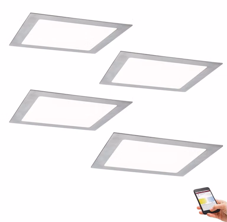 Set da 4 pannelli da incasso a LED da 13,5 W SmartPanel Bluetooth, da 2700 K (bianco caldo) a 6500 K (bianco luce diurna), 1000 lm, in ferro