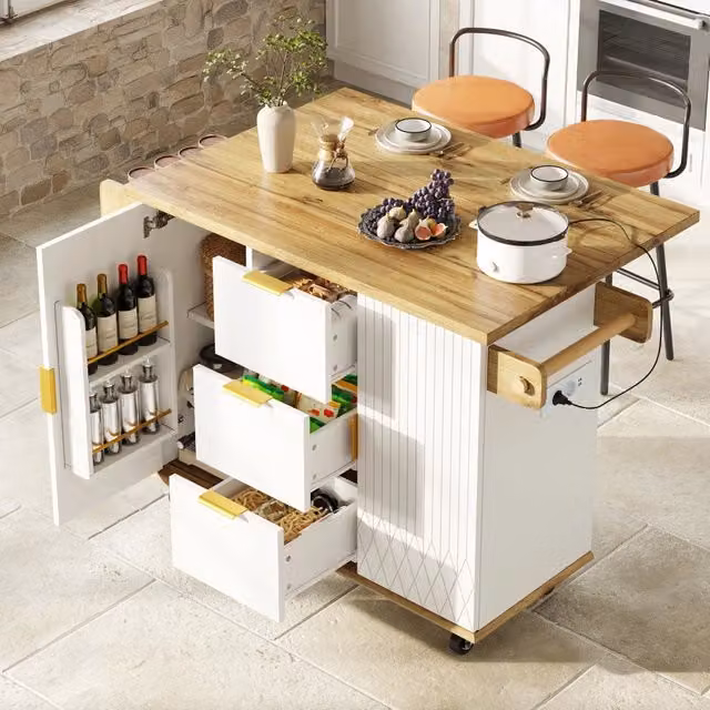 Carrello da cucina con piano ribaltabile, 3 cassetti, 2 armadietti e prese con USB, bianco, 134 × 46/74 × 88 cm