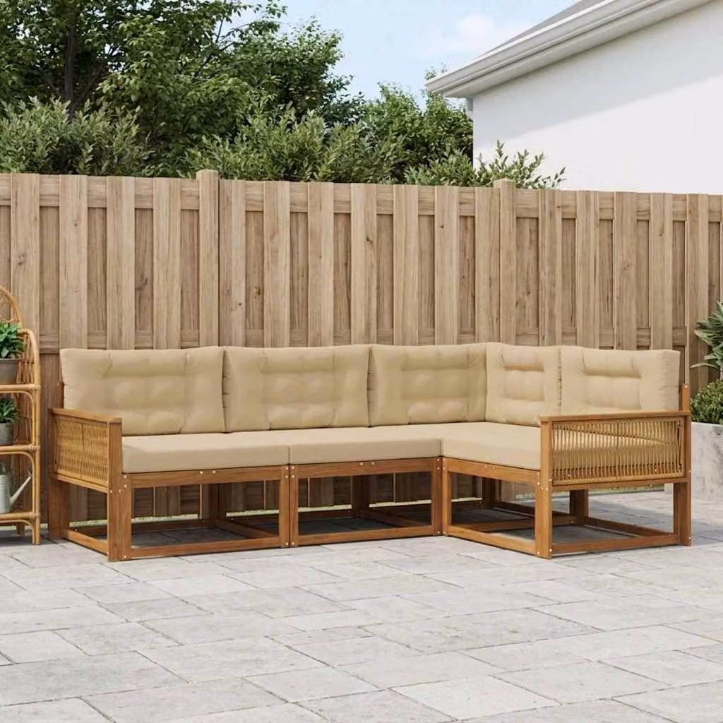 Set di divani da esterno a L vidaXL in legno di acacia con cuscini, Beige e Marrone