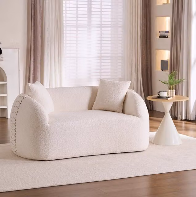 Divano modulare moderno 2 posti in tessuto chenille crema con decorazioni a corda, senza montaggio, ideale per piccoli spazi