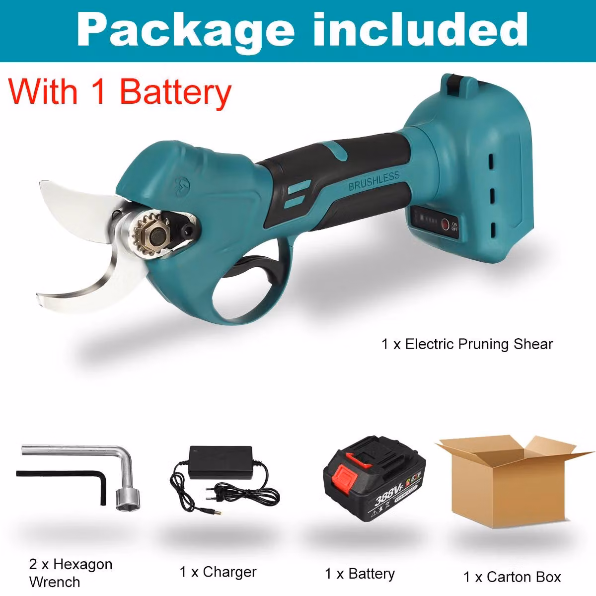Forbice elettrica da giardino – Potatore a batteria senza spazzole – Diametro di taglio 30 mm – 4 velocità – Compatibile con batterie da 18 V – Include 1 batteria