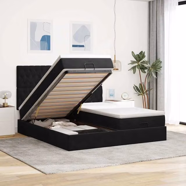Letto con contenitore a sollevamento vidaXL in velluto nero e bianco L: 160 cm, P: 200 cm, H: 280 cm – 1