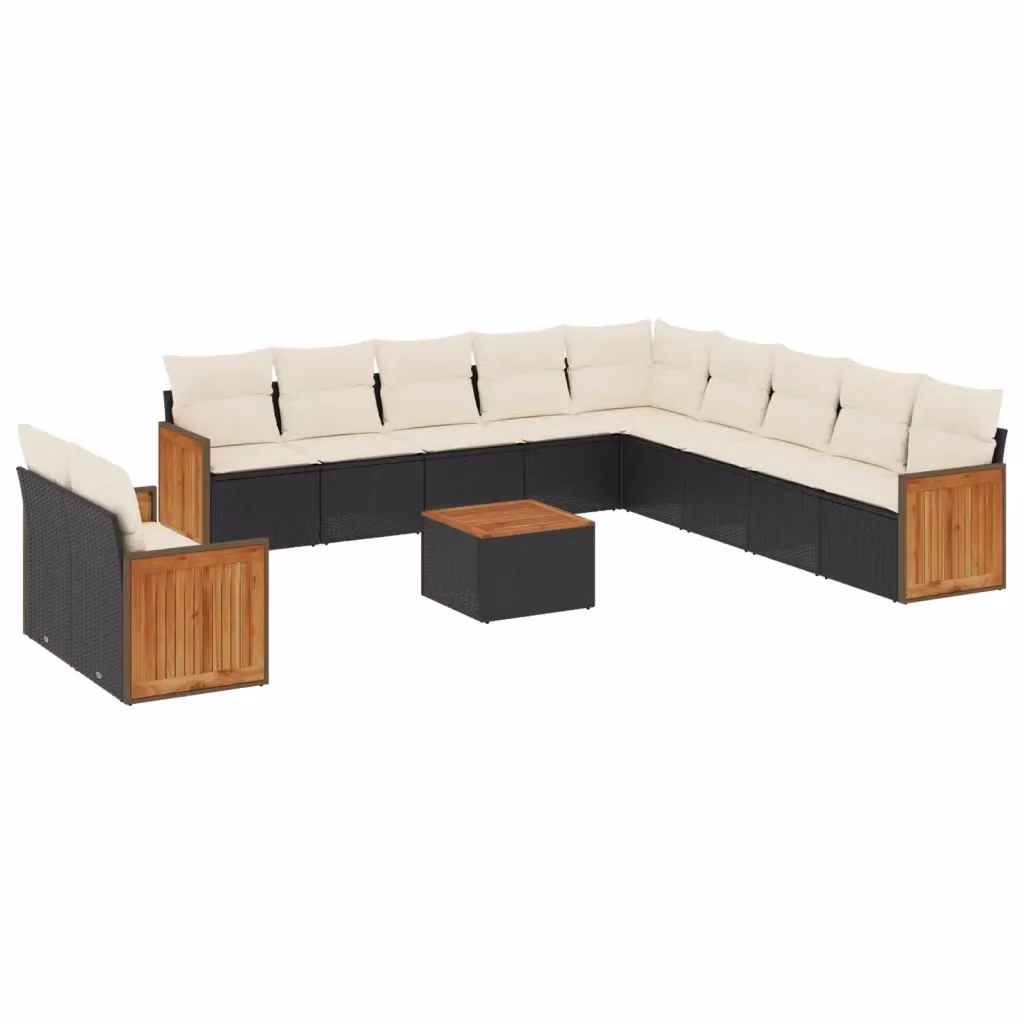 vidaXL Set Divani da Giardino a Forma di U in Polyrattan Nero con Cuscini e Tavolino da Esterno – 2