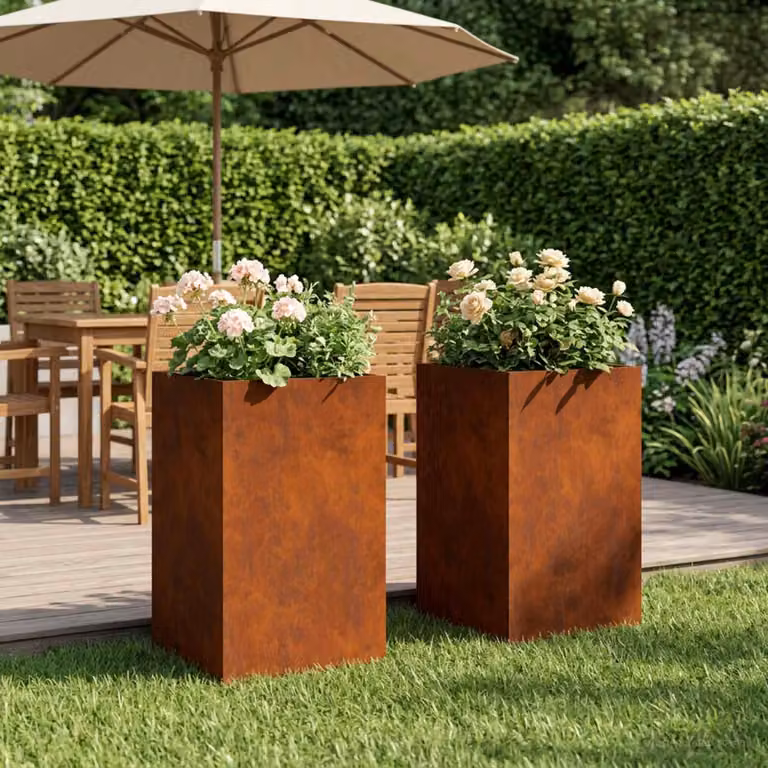Set di 2 vasi da giardino vidaXL in acciaio color marrone, L/P/H: 30 x 30 x 50 cm