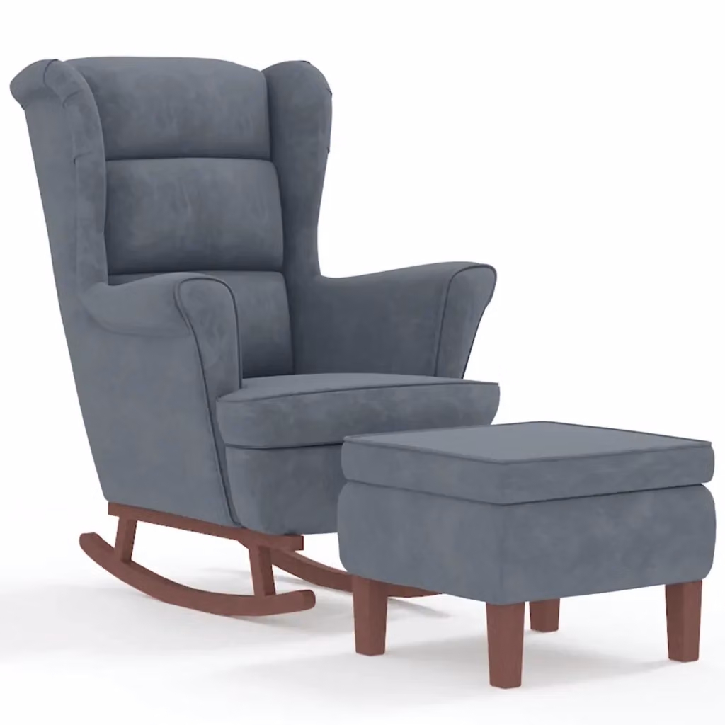 vidaXL Sedia a dondolo con schienale alto in velluto grigio scuro e pouf incluso con struttura in legno massiccio – 2