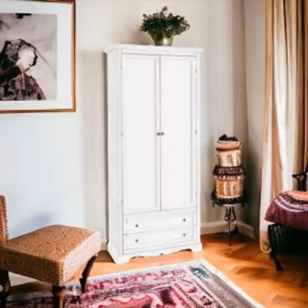 Armadio porta scope e prodotti per la pulizia KIVIO in legno di pino bianco stile shabby chic con ante a battente e 2 cassetti L/P/H: 40 x 87 x 192 cm – 2