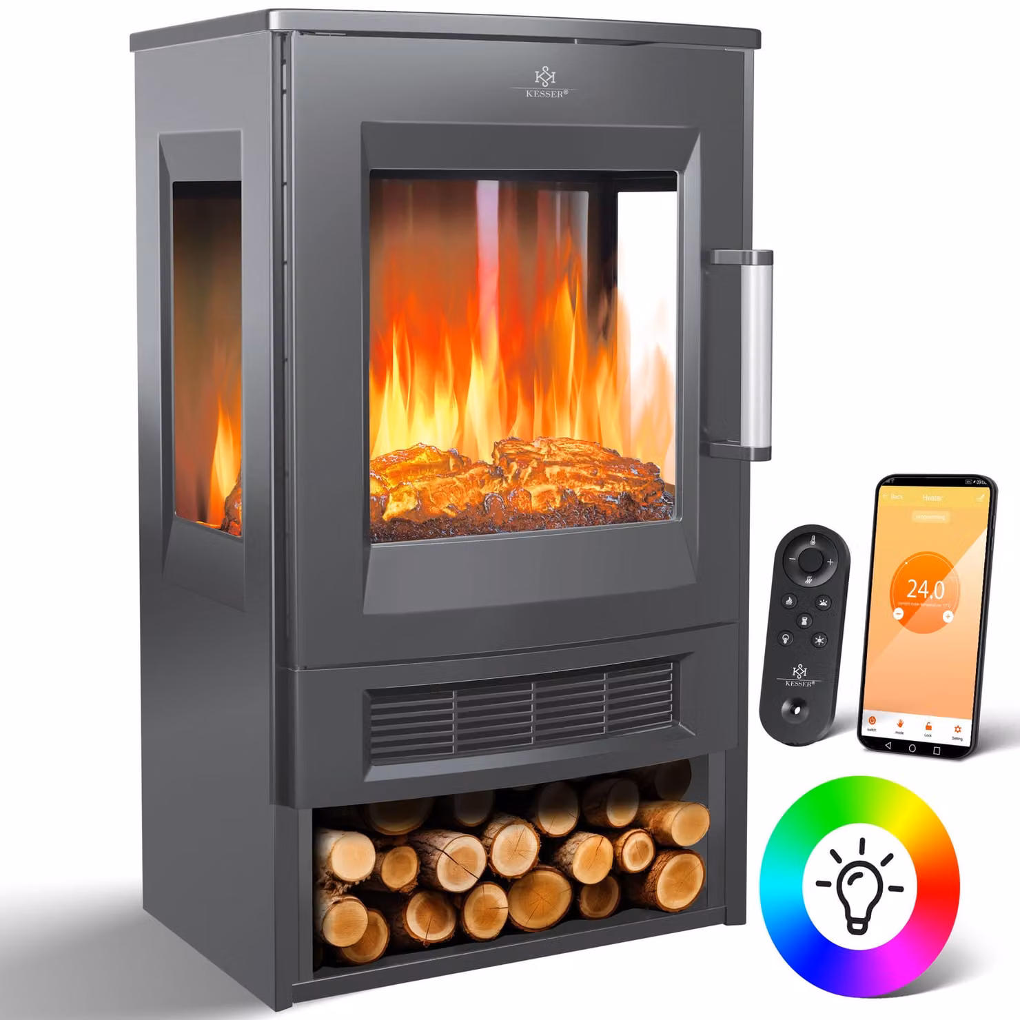 KESSER® Caminetto elettrico con ampia finestra panoramica, 900/1800W, 9 modalità di fiamma a LED, controllo tramite app WiFi e termostato