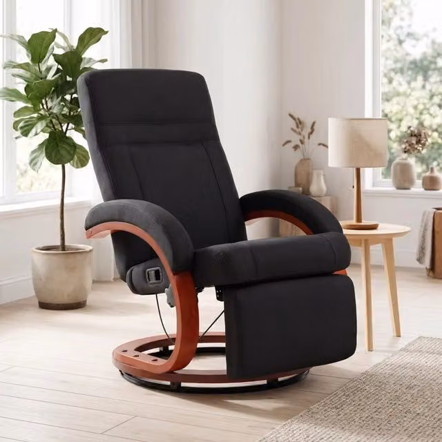 Poltrona relax girevole 360° WISHDOR in tessuto nero con schienale reclinabile e base in legno