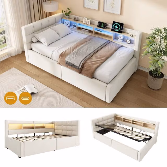 Letto singolo 90x200 cm contenitore con apertura idraulica; LED dimmerabile; mensole e USB; beige senza materasso