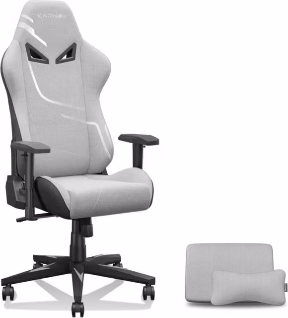 Sedia da gaming ergonomica in tessuto grigio con poggiatesta e braccioli regolabili