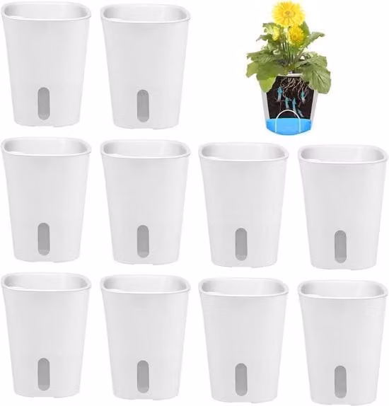Set di 10 Vasi Autoirriganti con Indicatore di Livello d'Acqua - Vaschetta e Vaso per Erbe per Interno ed Esterno (12,5cm)