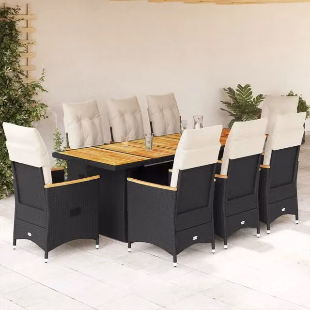 Set da giardino moderno vidaXL in legno di acacia e rattan nero e bianco composto da 9 pezzi