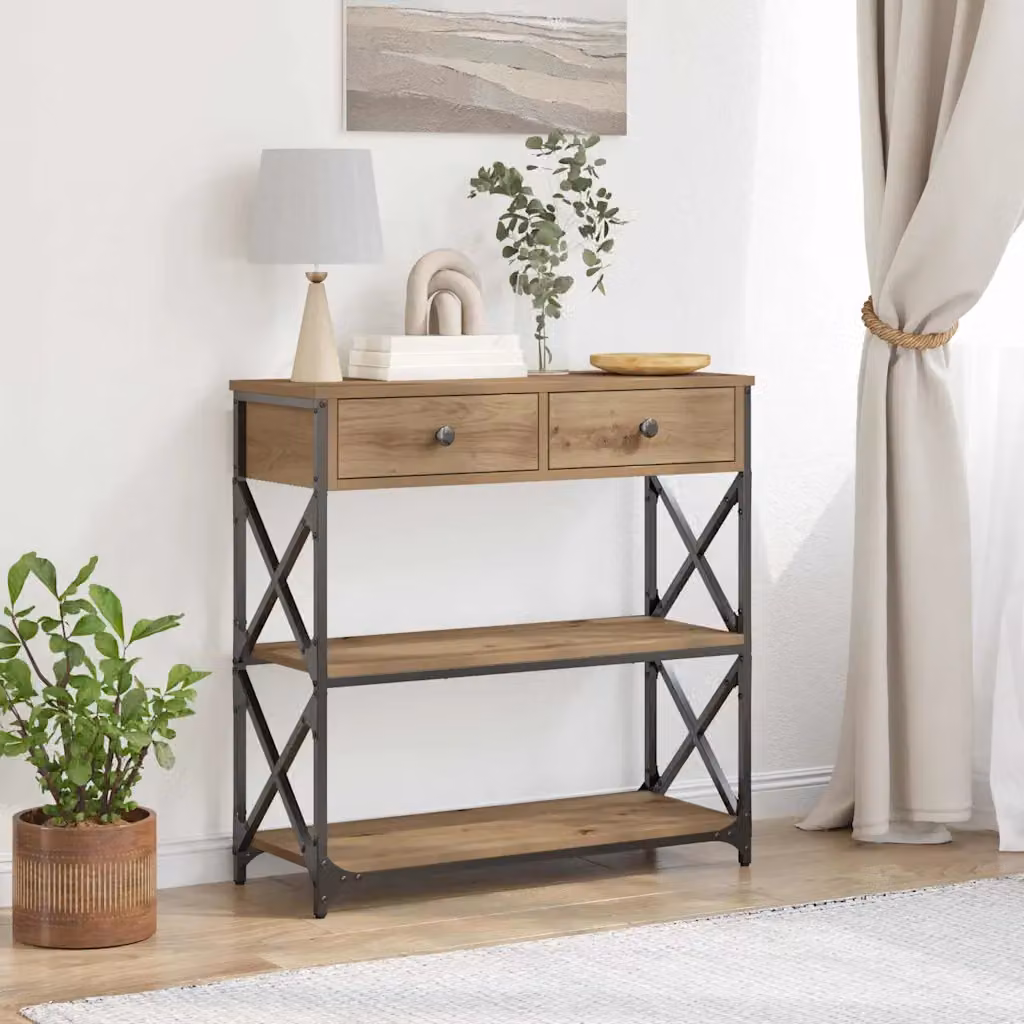 vidaXL Tavolo Consolle in Legno Rovere e Metallo Stile Rustico Marrone L: 75 cm, P: 28 cm, H: 75 cm