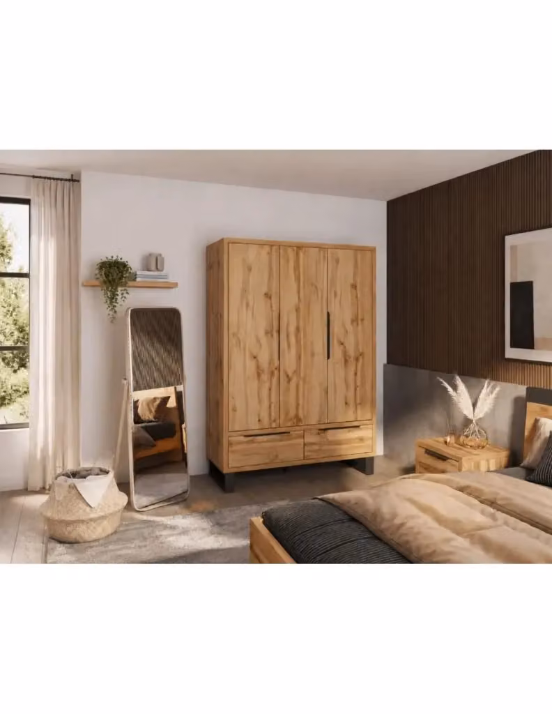 Armadio in legno stile Scandinavo Meublorama con 3 ante e 2 cassetti colore rovere grezzo L: 150 cm, P: 60 cm, H: 210 cm – 2