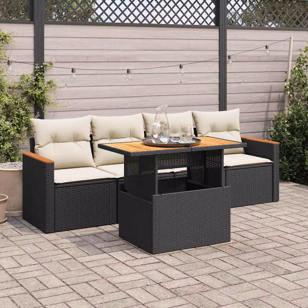 Set da giardino vidaXL composto da 5 pezzi in polyrattan e legno di acacia con cuscini inclusi, colore nero e bianco