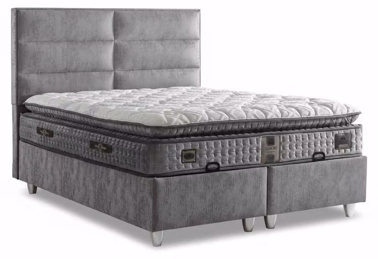 Letto con materasso, stile moderno, letto morbido, colore grigio, rivestimento in tessuto