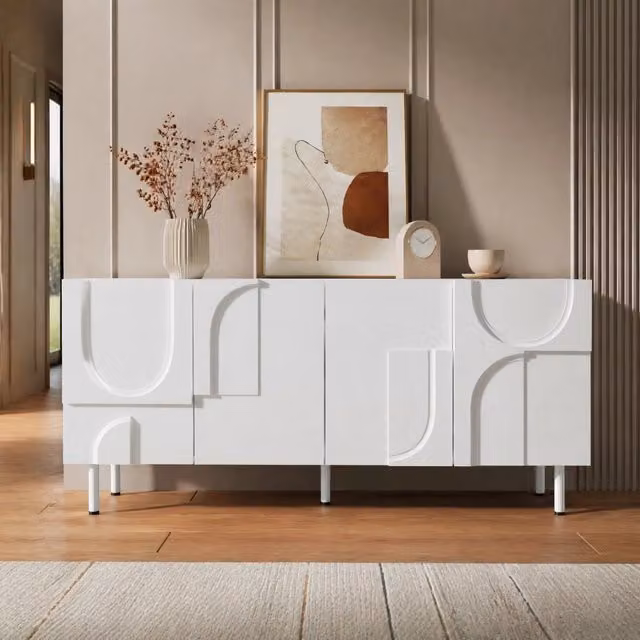 Credenza geometrica con ante in MDF e truciolare; 160 x 38;5 x 70 cm; bianca
