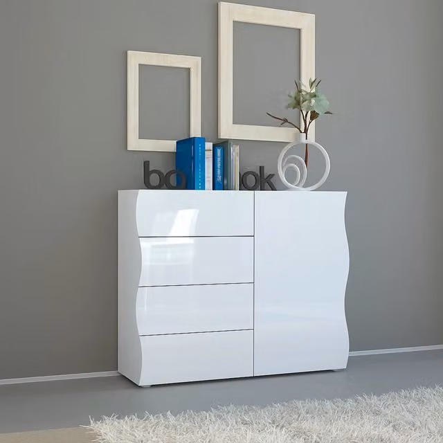 Credenza Abig, Madia di design, a 1 anta e 4 cassetti, Made in Italy, Mobile Porta TV, Buffet da soggiorno, cm 90x40h81, colore Bianco lucido