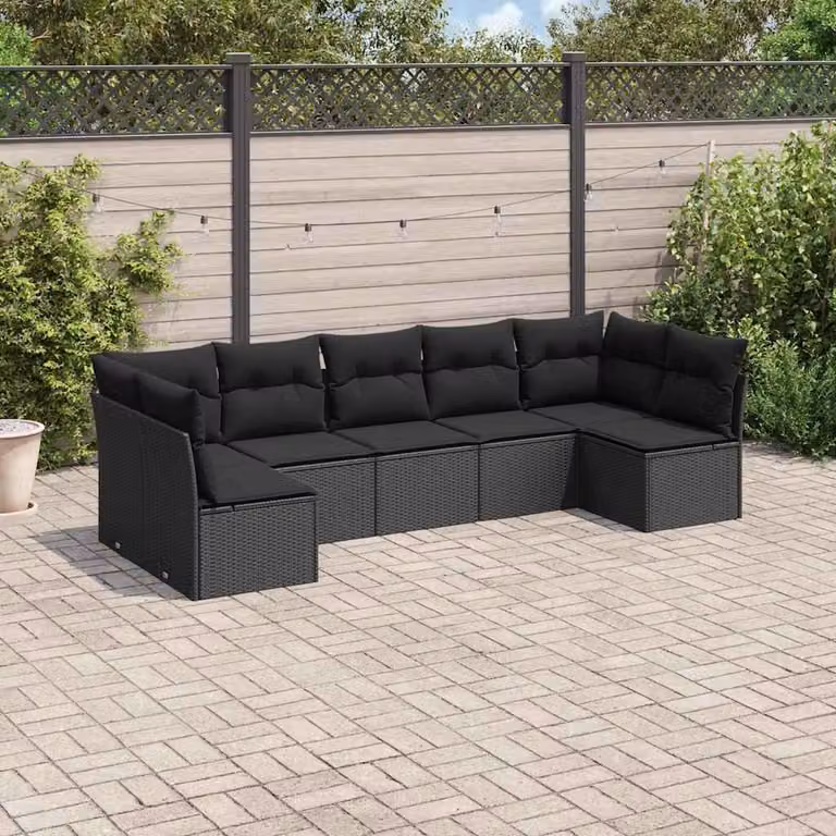 Set di divani da giardino a L vidaXL in polyrattan nero con 7 cuscini imbottiti e coperture rimovibili