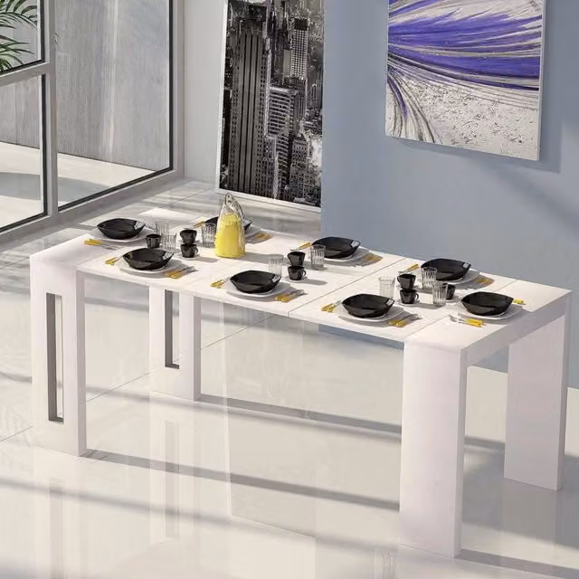 Tavolo allungabile Akam, Tavolo da pranzo estensibile, Consolle multiuso con allunghe, Made in Italy, Cm 186x80h76, Bianco