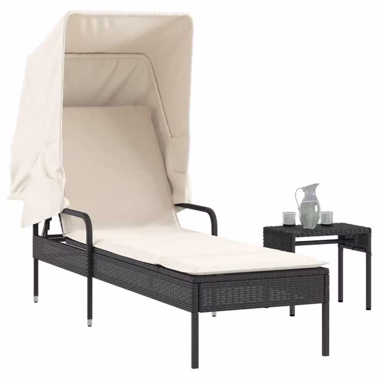 vidaXL Lettino Prendisole con Baldacchino e Tavolino in Polyrattan Nero