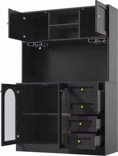 Buffet nero e bianco 120x40x188 cm in MDF con 4 ante, LED integrato e portabicchieri stile country