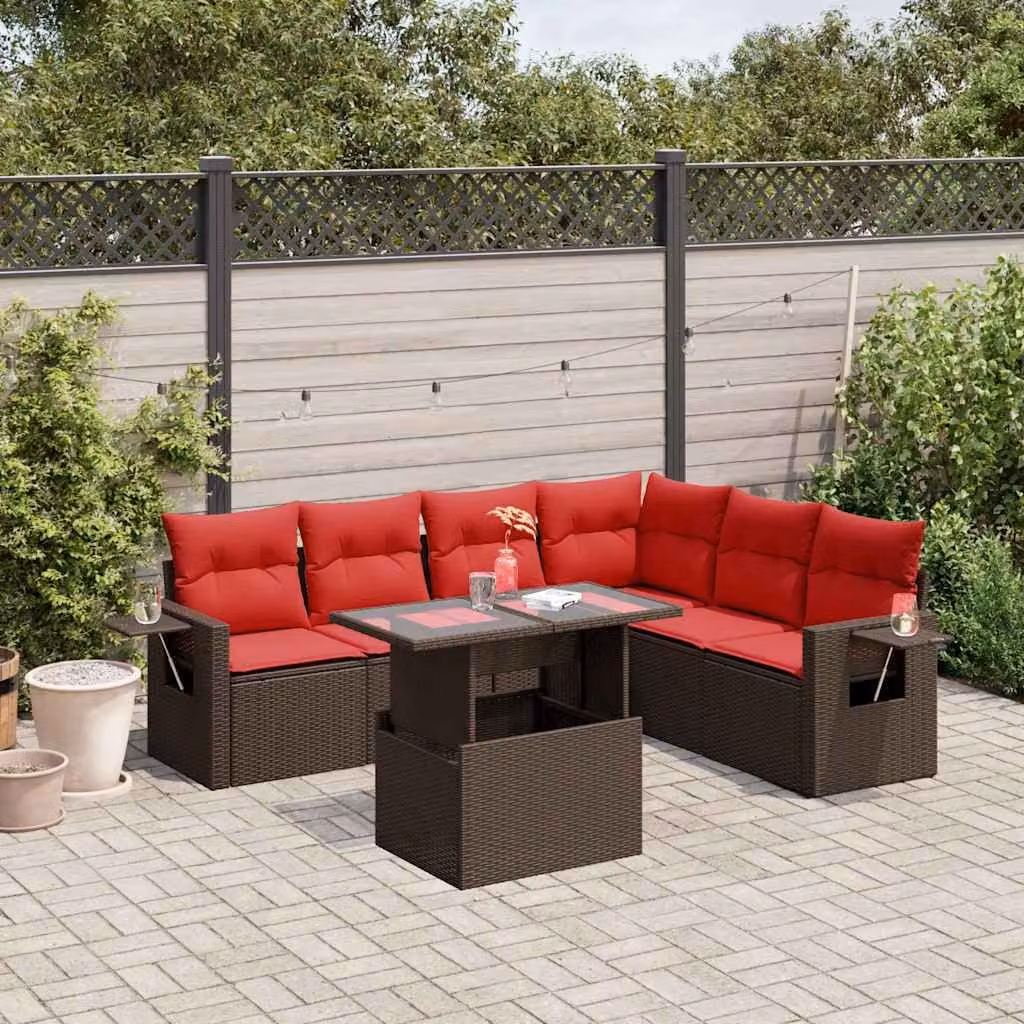 Set Divani da Giardino vidaXL 7 pz in Polyrattan Marrone con Cuscini e Tavolino da Esterno