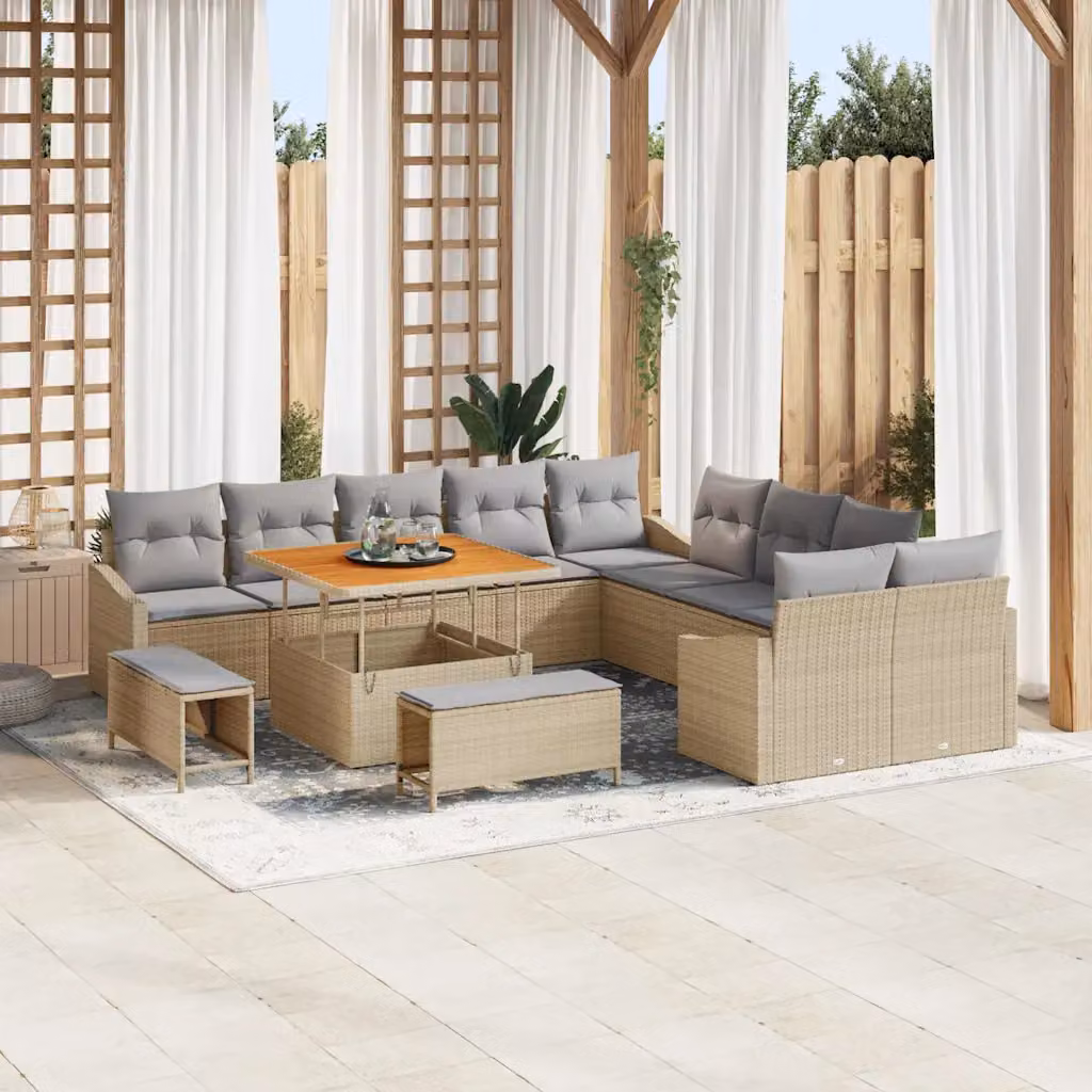 Set Divano da Giardino vidaXL con Cuscini e Tavolino, Design Moderno in Rattan e Metallo, Beige e Grigio – 1