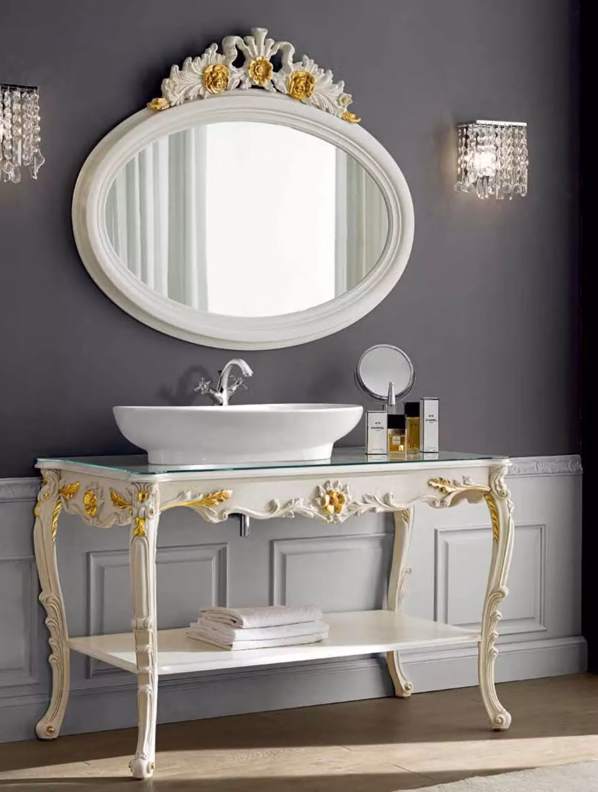 Mobile bagno barocco Mobili 2G laccato avorio con dettagli foglia oro L/P/H: 128 x 57 x 93 cm – 2