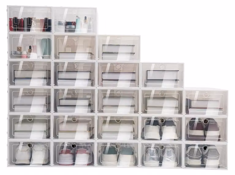 Contenitore per scarpe, design impilabile, visibilità trasparente, trasparente