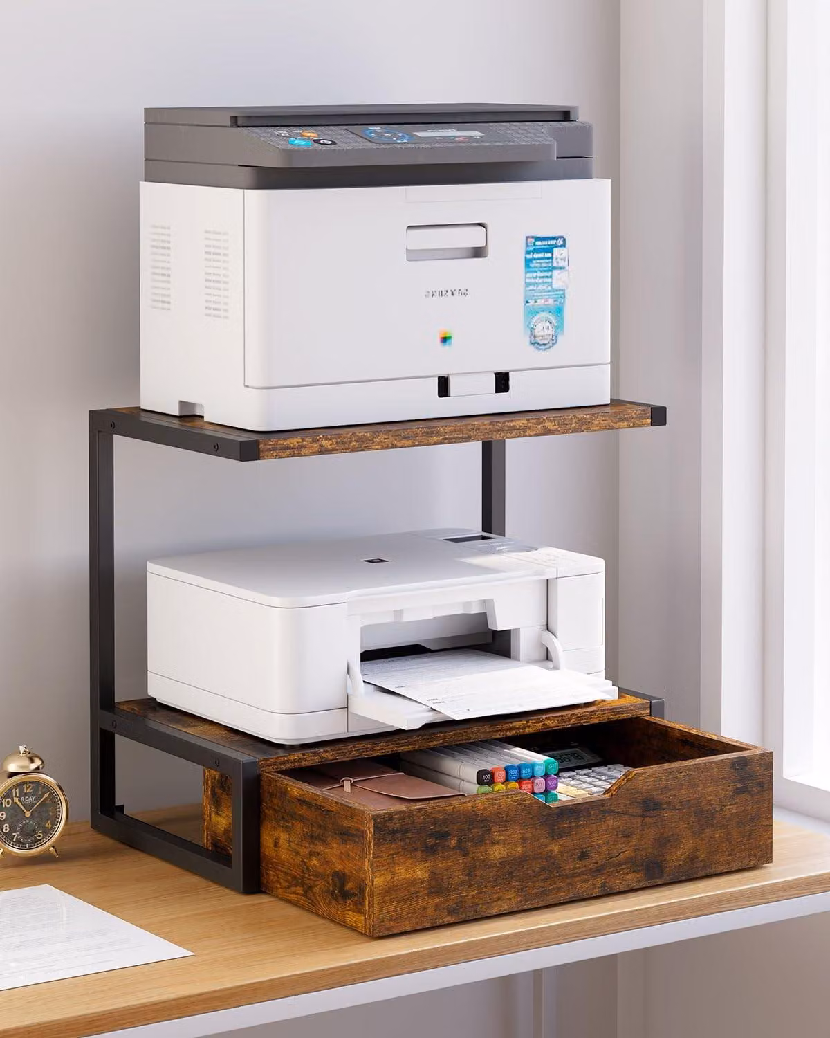 Omgoods - Scrivania per stampante a 2 ripiani con cassetto portaoggetti - Organizer da scrivania multifunzionale