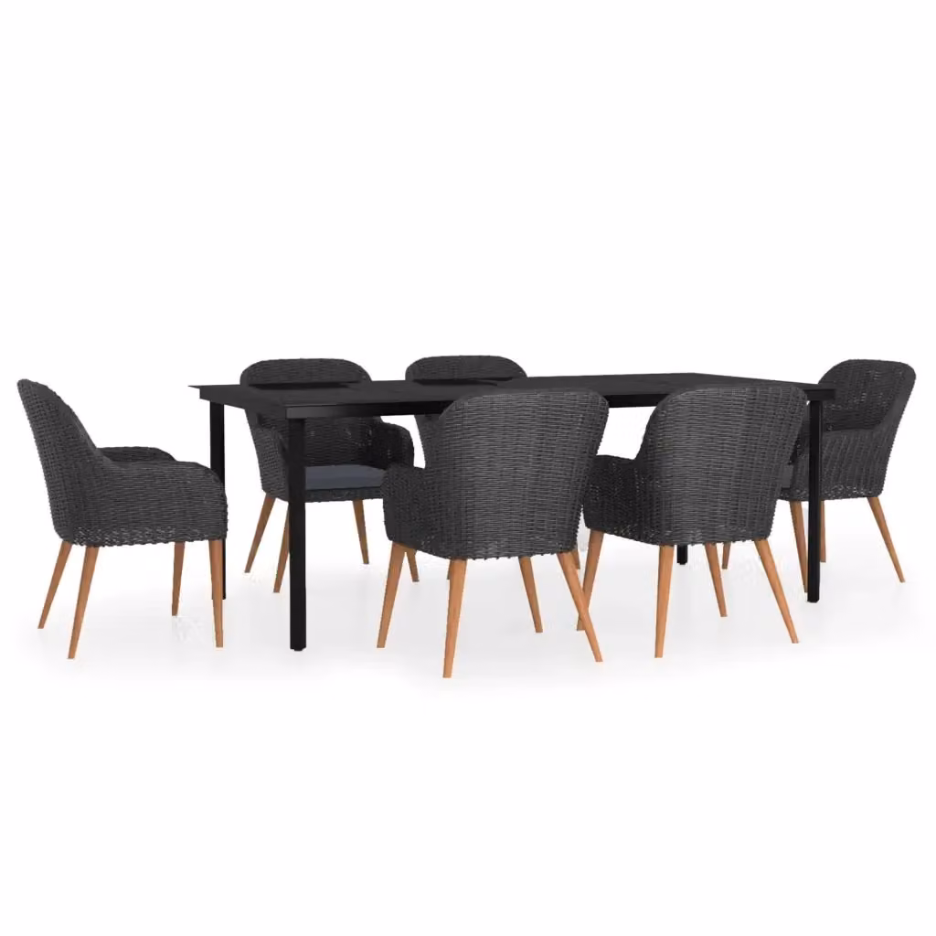 Set da pranzo da giardino vidaXL in rattan e legno di acacia con piano in vetro, 7 pezzi, nero e grigio – 2