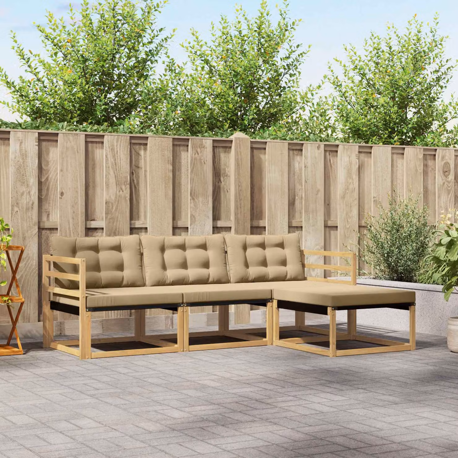 Set di divani da esterno vidaXL 4 pezzi in legno di acacia con cuscini, colore bianco, beige e marrone