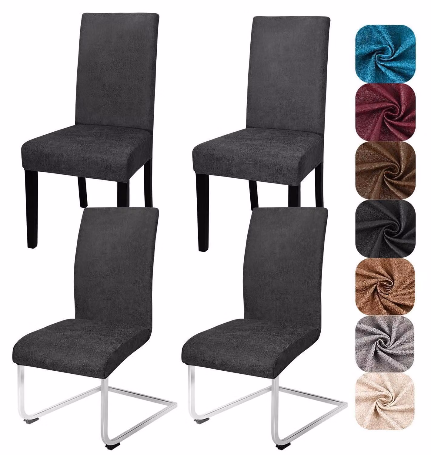 Copri-sedie in ecopelle effetto velluto, set da 4, elasticizzati, removibili, adatti per sedie da pranzo, modello a schienale libero, colore nero
