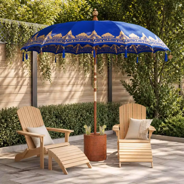 Set di 2 ombrelli balinesi vidaXL con base in blu e struttura in legno e bambù