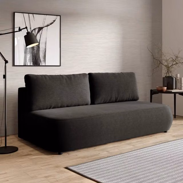 Divano Letto 2 Posti con Contenitore Brugnato DMORA Nero con Struttura in Legno e Rivestimento in Tessuto