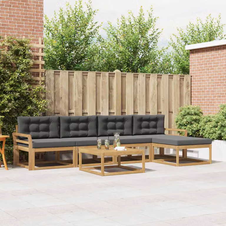 Set di divani da esterno vidaXL a forma di L composto da 6 pezzi con tavolino e pouf, in legno di acacia e tessuto resistente ai raggi UV, Bianco e Antracite