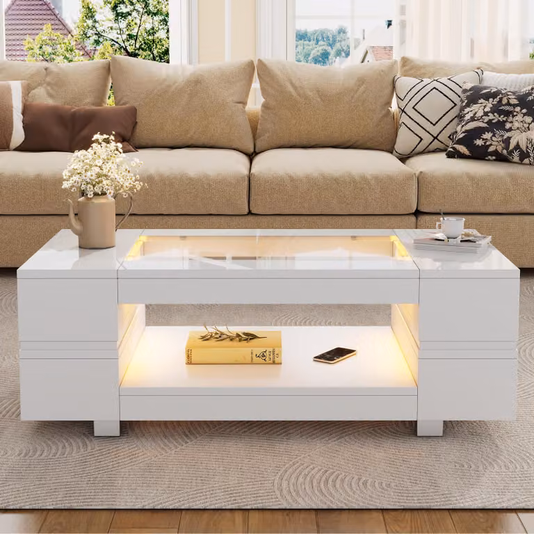 Tavolino da salotto, dimensioni 100 x 50 x 35 cm, realizzato in pannello di particelle di legno al 100%, con piano in vetro temperato, colore bianco, dotato di illuminazione LED, controllo tramite app e 2 ripiani