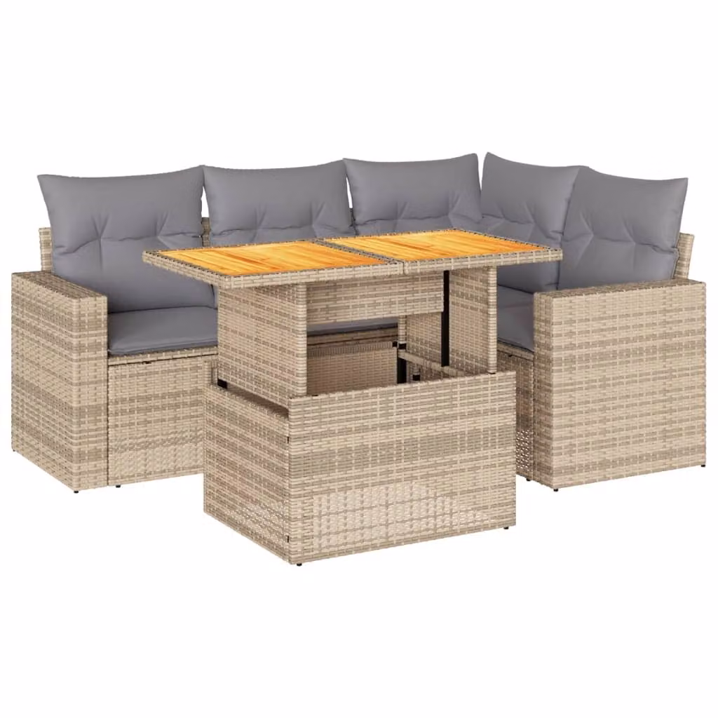Set Divano da Giardino 5 pz con Cuscini Beige in Polyrattan