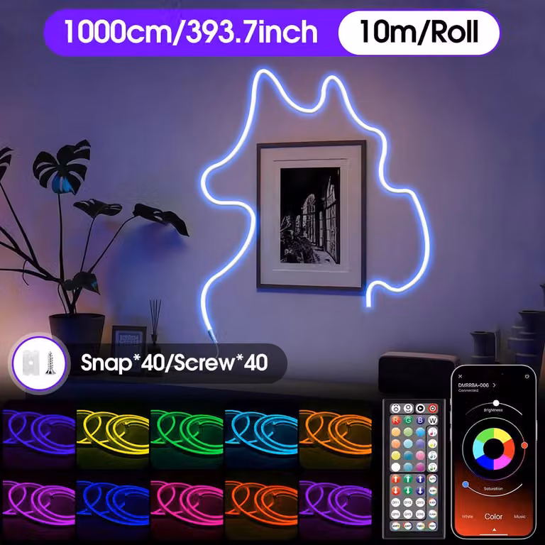 Tubo LED neon flessibile - Striscia LED RGB - 10 metri - Controllo tramite app e telecomando - Impermeabile - Sincronizzazione musicale - Tagliabile - 24 V