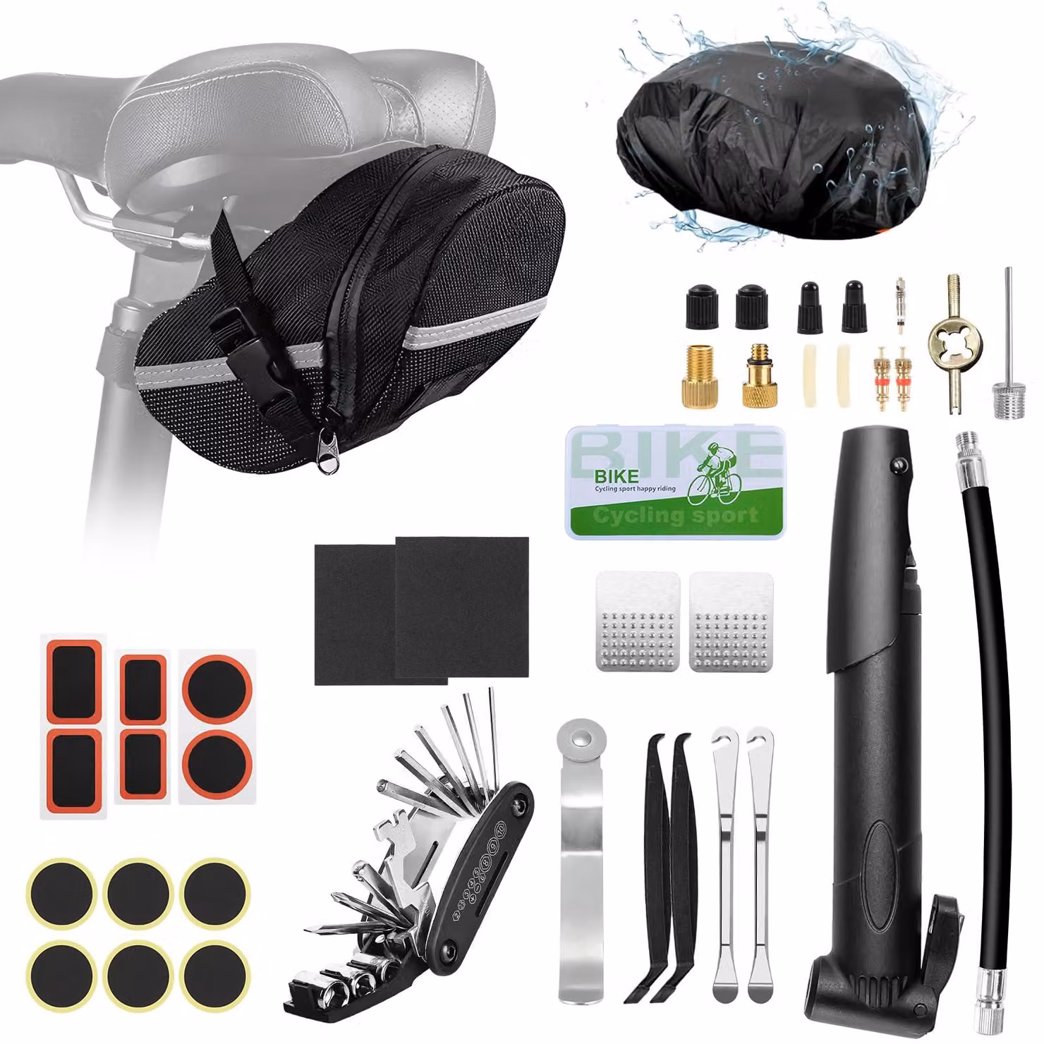 Kit di riparazione per biciclette, 16 pezzi in 1, con mini pompa e toppe, impermeabile, ideale per l'uso in viaggio