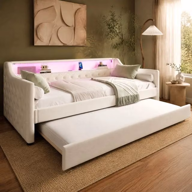 Divano letto estraibile REDOM in tessuto beige con illuminazione LED e porta USB, L/P/H: 90 x 200 cm – 1