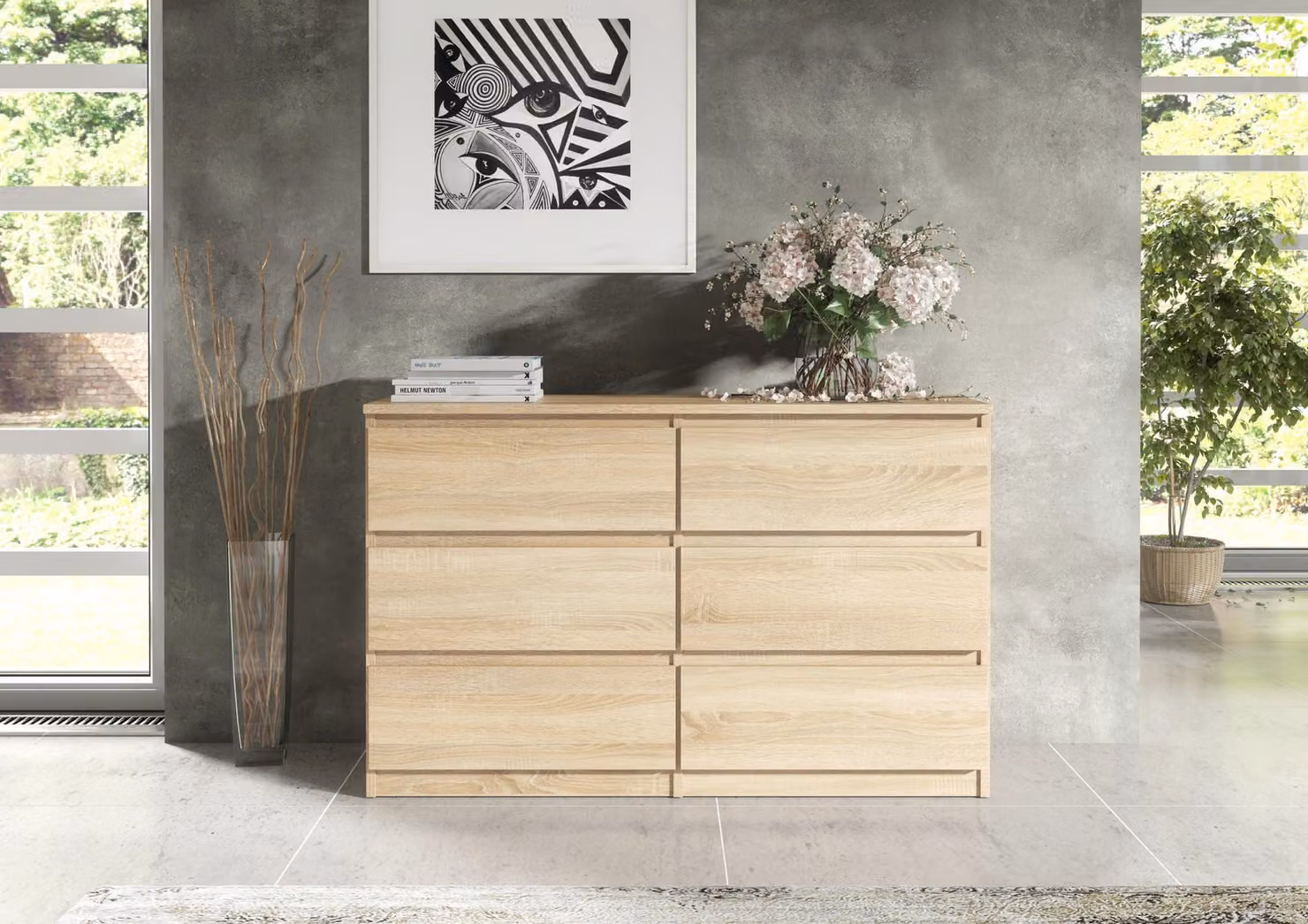 Comò grande, 140 cm di larghezza, con 6 cassetti e ampio spazio di archiviazione