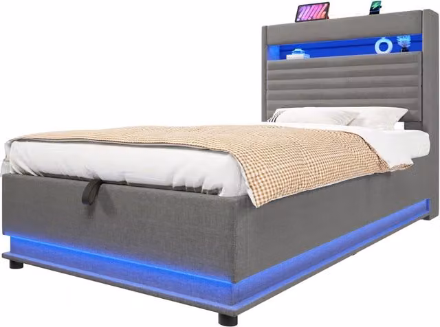 Letto contenitore singolo Chicfurn in lino grigio con LED regolabili, porta USB Type-C e vano idraulico, L/P: 90 x 200 cm – 1