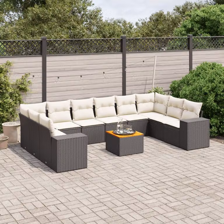 Set di divani da giardino vidaXL 11 pezzi con cuscini in polyrattan e struttura in acciaio nero con tavolino da esterno e sedute a forma di U