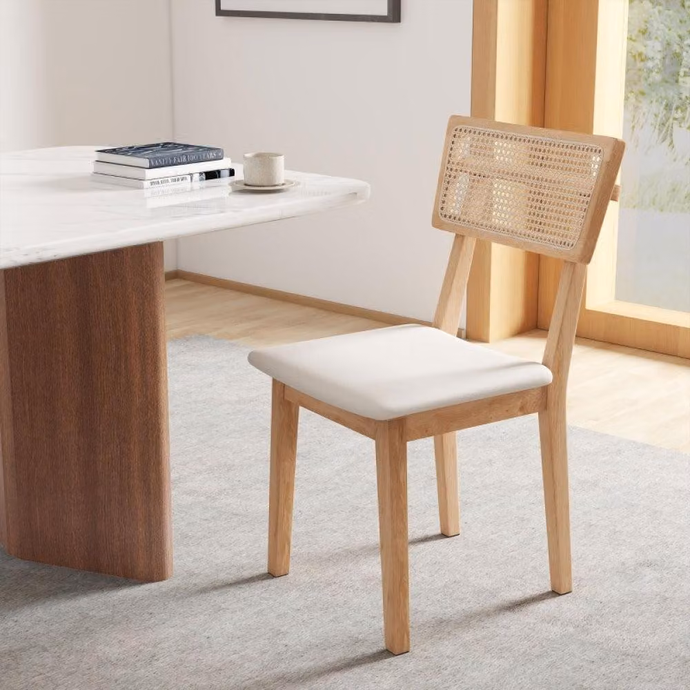 Sedia da pranzo - Sedia da cucina - Sedia - Sedia da tavolo - Schienale in rattan - Seduta in ecopelle - Struttura in legno di gomma