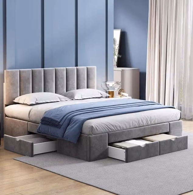 Letto imbottito 160x200 cm in velluto grigio con rete a doghe e 4 cassetti