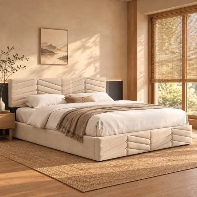Letto imbottito 160x200 cm con contenitore idraulico e testiera regolabile in velluto beige