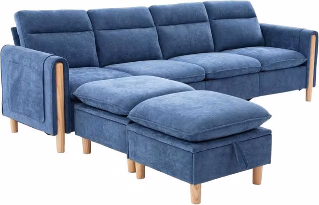 Divano modulare a U con 4 posti e 2 pouf contenitore in tessuto di chenille blu, gambe in legno massello – 261x77x86 cm